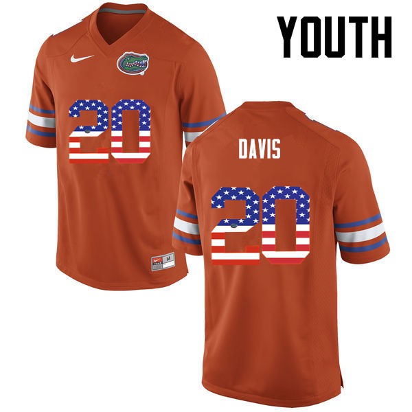 Florida Gators Youth #20 Malik Davis College Football Jersey USA Flag Fashion Orange